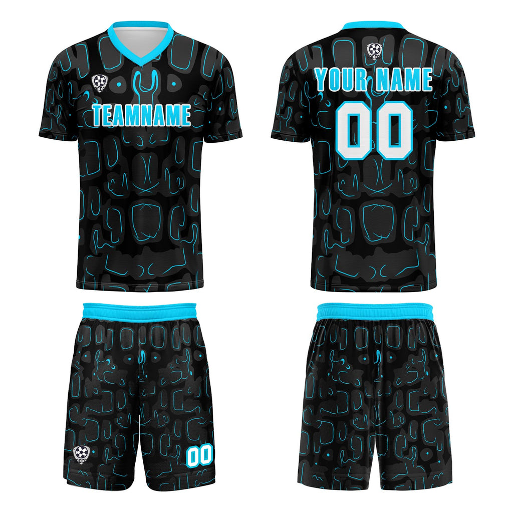 Custom Black Blue Cyan Soccer Uniform Jersey Kids Adults Personalized Set Jersey Shirt