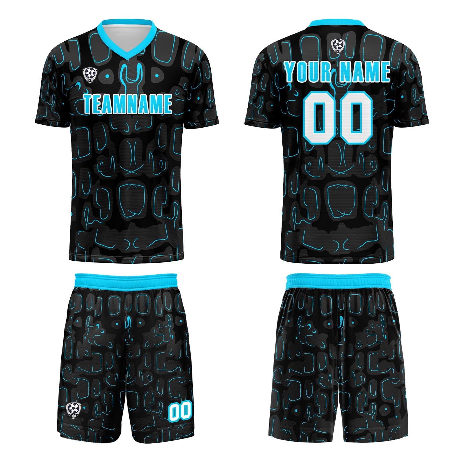 Custom Black Blue Cyan Soccer Uniform Jersey Kids Adults Personalized Set Jersey Shirt
