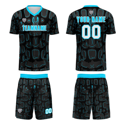 Custom Black Blue Cyan Soccer Uniform Jersey Kids Adults Personalized Set Jersey Shirt