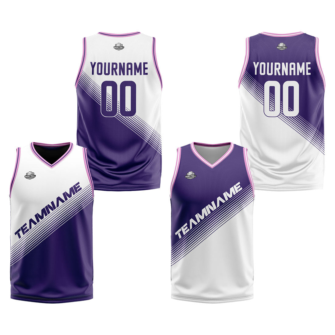 Custom White Purple Reversible Basketball Suit for Adults and Kids Personalized Jersey