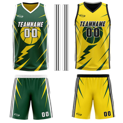 Custom Green Yellow Reversible Basketball Suit for Adults and Kids Personalized Jersey