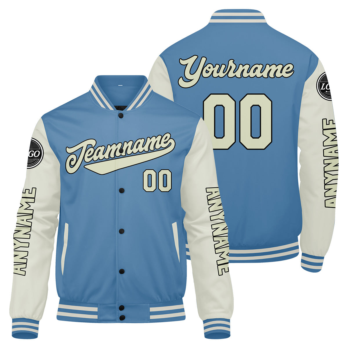 Custom Light Blue Cream Varsity Jackets for Men Women Youth Personalized Letterman Jackets