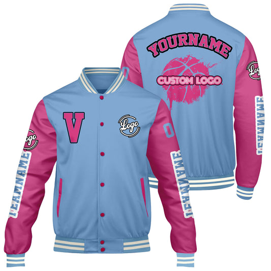 Custom Pale Blue Pink Varsity Jackets for Men Women Youth Personalized Letterman Jackets