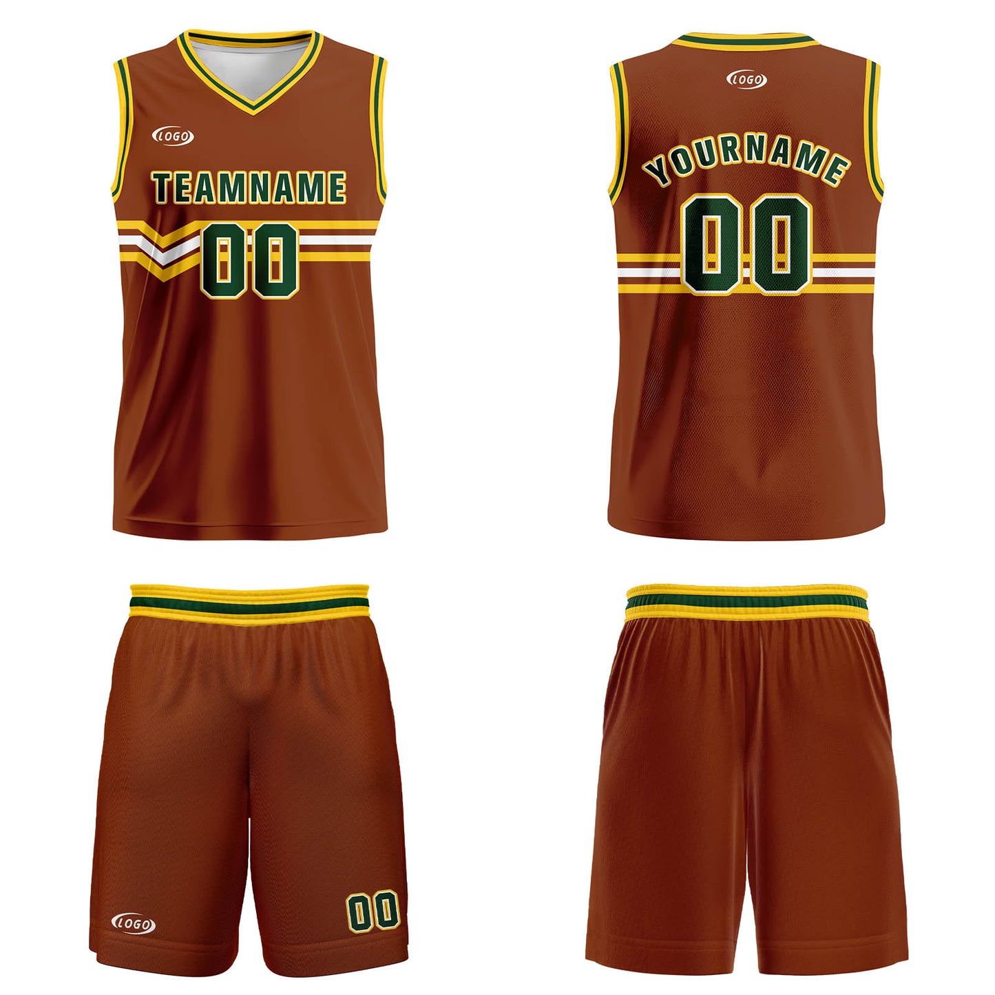 Custom Brown Green Yellow White Basketball Jersey Uniform Suit Printed Your Logo Name Number