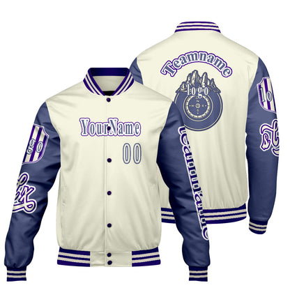 Custom White Purple Letterman Varsity Jacket Personalized Embroidery Printing