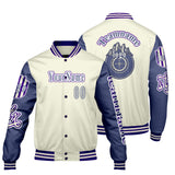 Custom White Purple Letterman Varsity Jacket Personalized Embroidery Printing