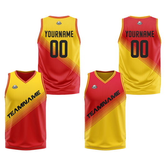 Custom Yellow Red Reversible Basketball Suit for Adults and Kids Personalized Jersey