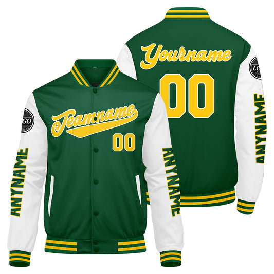 Custom Green Yellow White Varsity Jackets for Men Women Youth Personalized Letterman Jackets