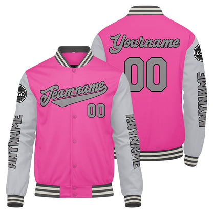 Custom Pink Grey Varsity Jackets for Men Women Youth Personalized Letterman Jackets