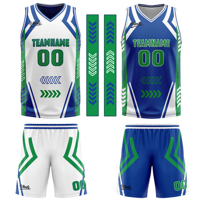Custom White Blue Green Reversible Basketball Suit for Adults and Kids Personalized Jersey