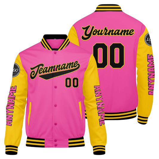 Custom Pink Yellow Black Varsity Jackets for Men Women Youth Personalized Letterman Jackets
