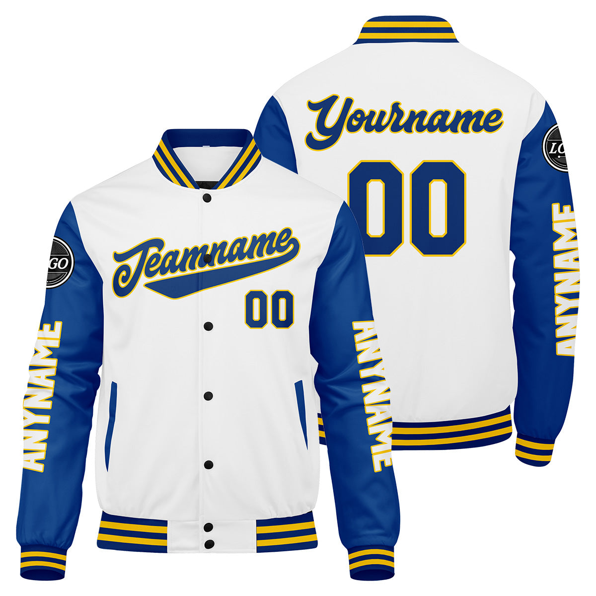 Custom Royal White Yellow Varsity Jackets for Men Women Youth Personalized Letterman Jackets