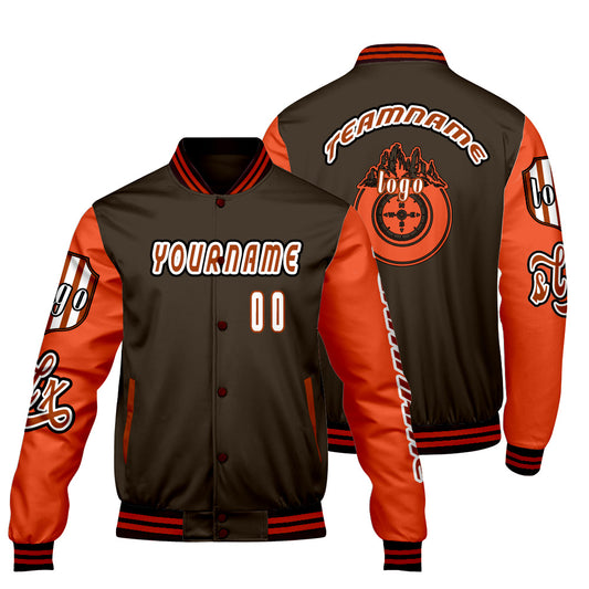 Custom Brown Orange Letterman Varsity Jacket Personalized Embroidery Printing