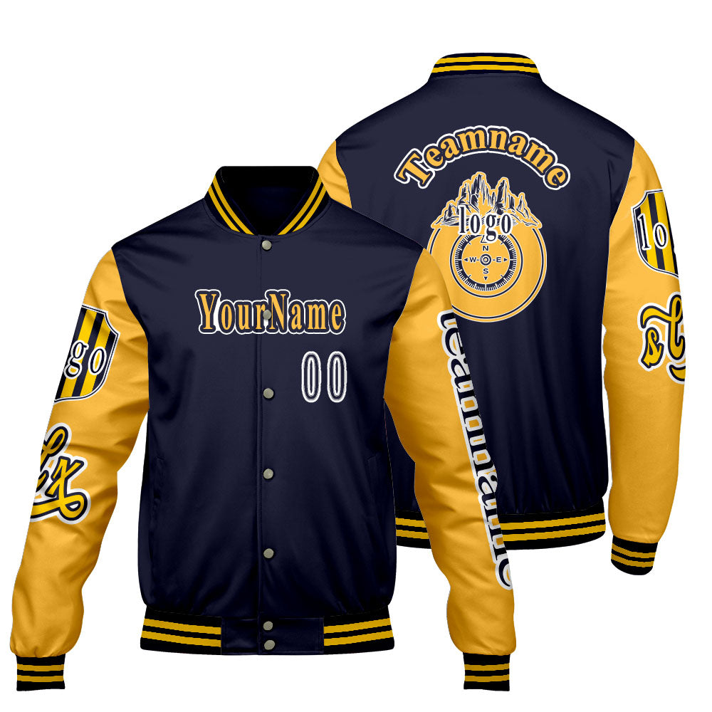 Custom Navy Yellow Letterman Varsity Jacket Personalized Embroidery Printing