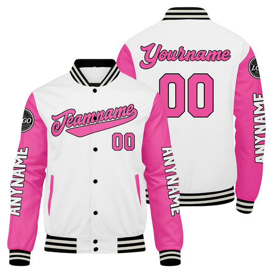 Custom White Pink Varsity Jackets for Men Women Youth Personalized Letterman Jackets