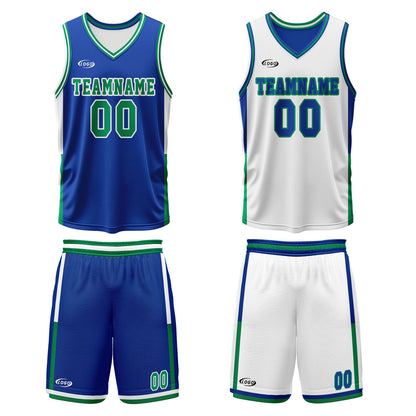 Custom Blue White Green Reversible Basketball Suit for Adults and Kids Personalized Jersey