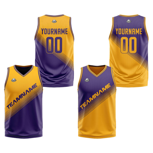 Custom Yellow Purple Reversible Basketball Suit for Adults and Kids Personalized Jersey