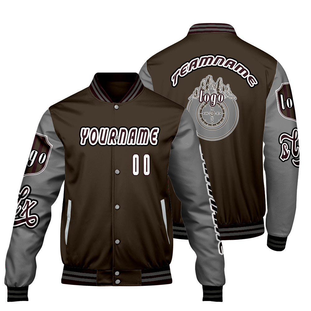Custom Brown Grey Letterman Varsity Jacket Personalized Embroidery Printing