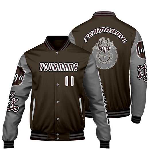 Custom Brown Grey Letterman Varsity Jacket Personalized Embroidery Printing