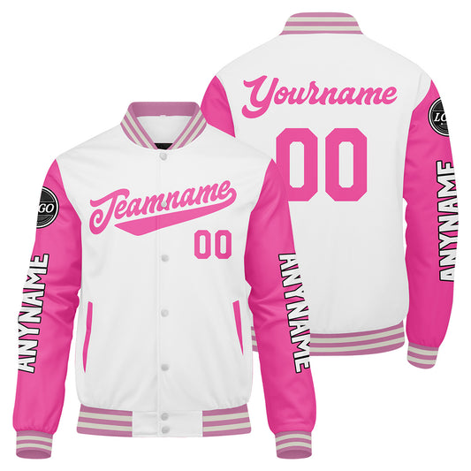 Custom White Pink Varsity Jackets for Men Women Youth Personalized Letterman Jackets