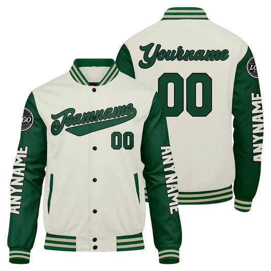 Custom Green Cream Varsity Jackets for Men Women Youth Personalized Letterman Jackets