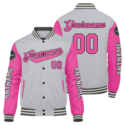 Custom Grey Pink Varsity Jackets for Men Women Youth Personalized Letterman Jackets