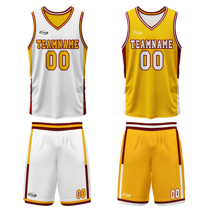 Custom White Yellow Reversible Basketball Suit for Adults and Kids Personalized Jersey