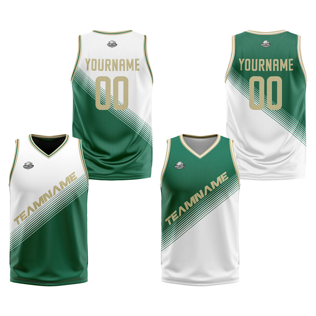 Custom White Green Reversible Basketball Suit for Adults and Kids Personalized Jersey