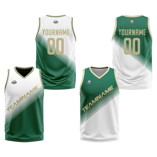 Custom White Green Reversible Basketball Suit for Adults and Kids Personalized Jersey