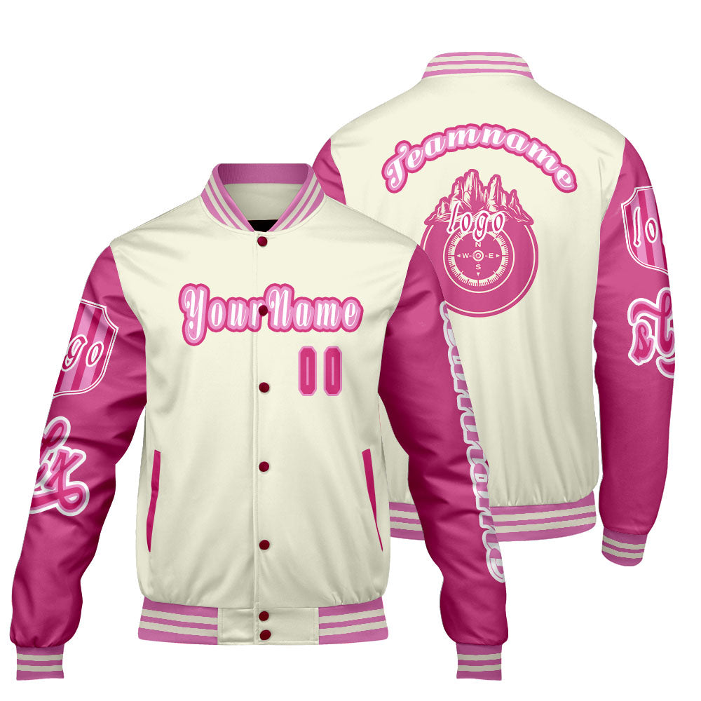 Custom White Pink Letterman Varsity Jacket Personalized Embroidery Printing