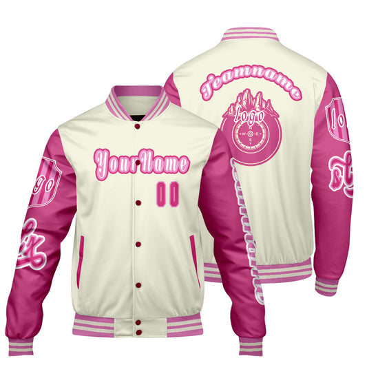 Custom White Pink Letterman Varsity Jacket Personalized Embroidery Printing