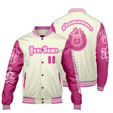 Custom White Pink Letterman Varsity Jacket Personalized Embroidery Printing