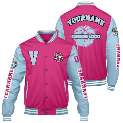 Custom Pink Lion Blue Varsity Jackets for Men Women Youth Personalized Letterman Jackets