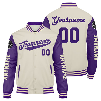 Custom Purple Cream Varsity Jackets for Men Women Youth Personalized Letterman Jackets