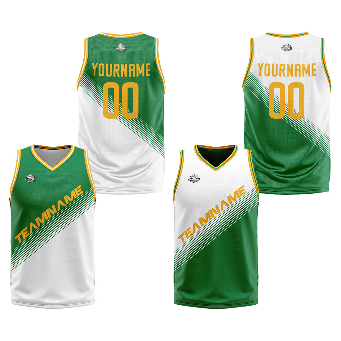 Custom Green White Reversible Basketball Suit for Adults and Kids Personalized Jersey