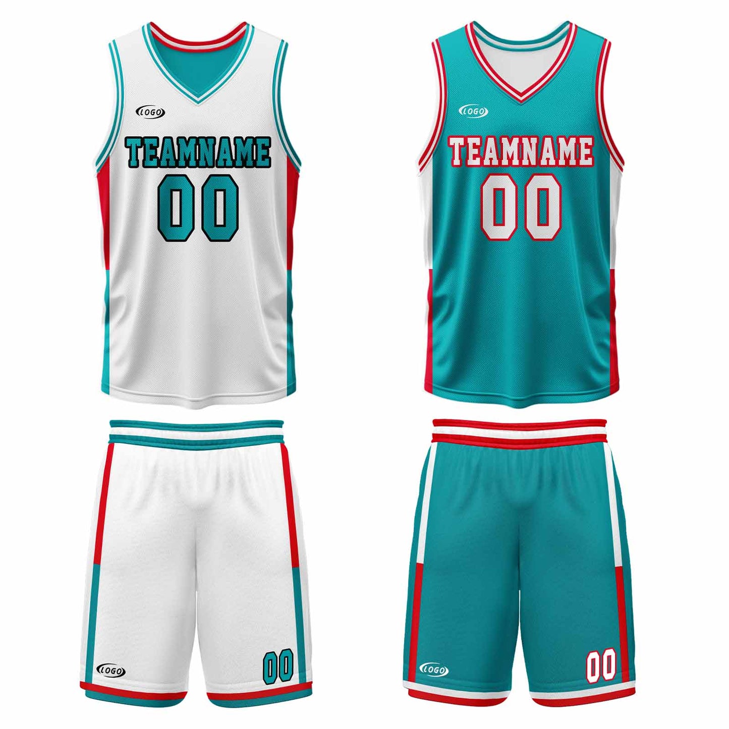 Custom White Cyan Red Reversible Basketball Suit for Adults and Kids Personalized Jersey