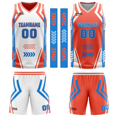 Custom White Orange Blue Reversible Basketball Suit for Adults and Kids Personalized Jersey