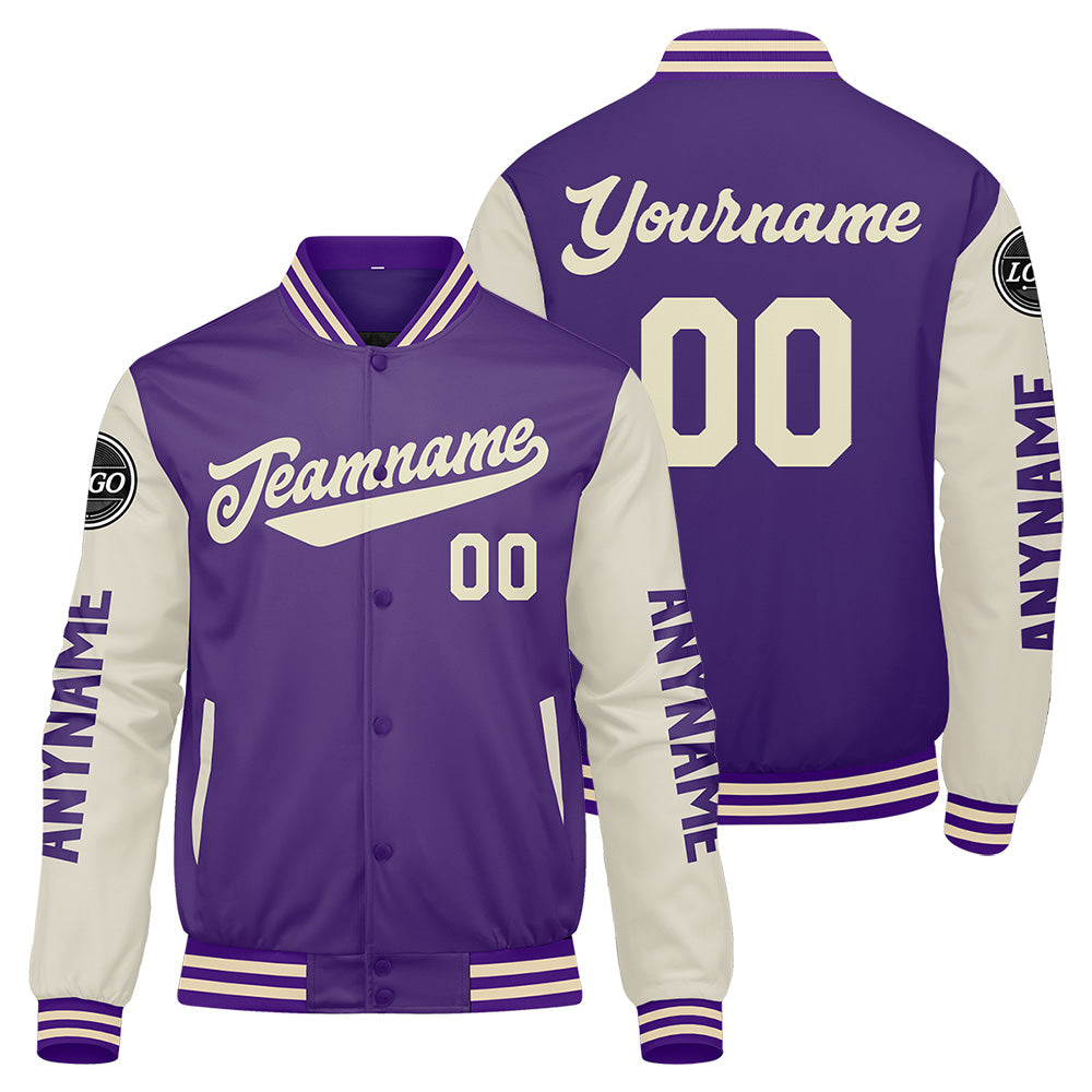 Custom Purple Cream Varsity Jackets for Men Women Youth Personalized Letterman Jackets