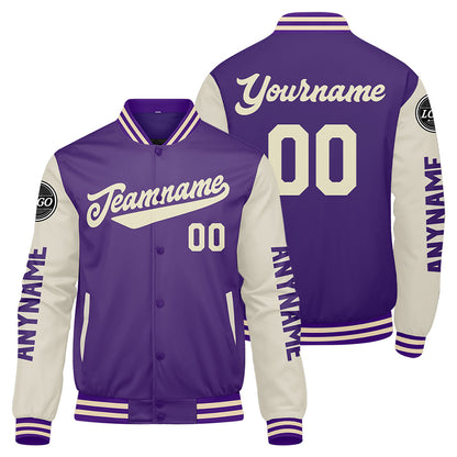 Custom Purple Cream Varsity Jackets for Men Women Youth Personalized Letterman Jackets