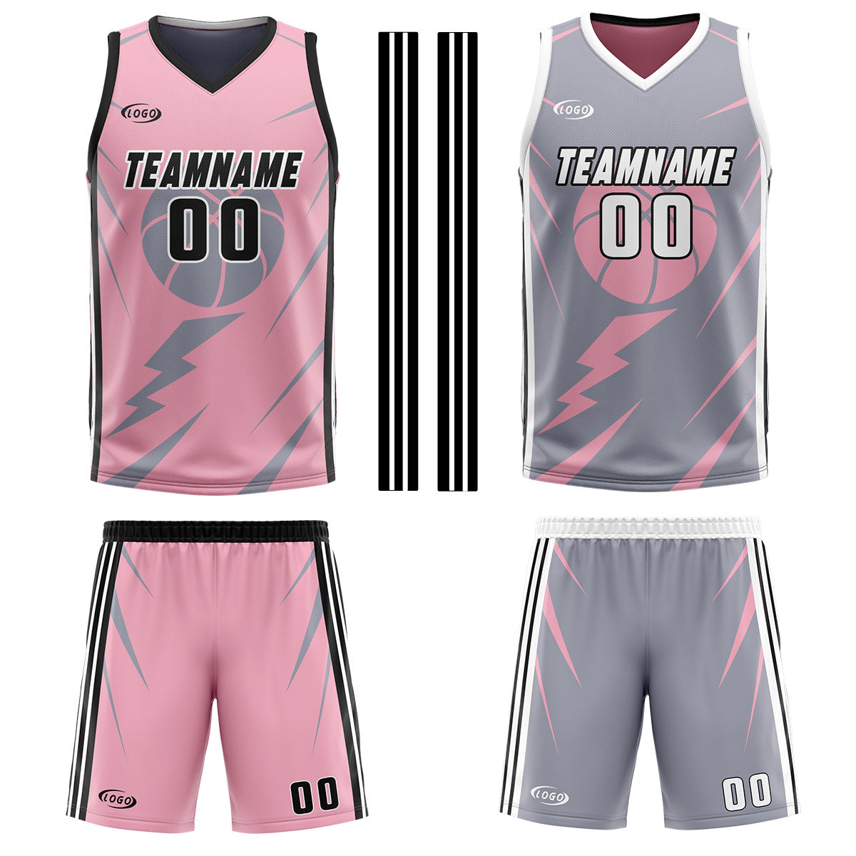 Custom Pink Grey Reversible Basketball Suit for Adults and Kids Personalized Jersey