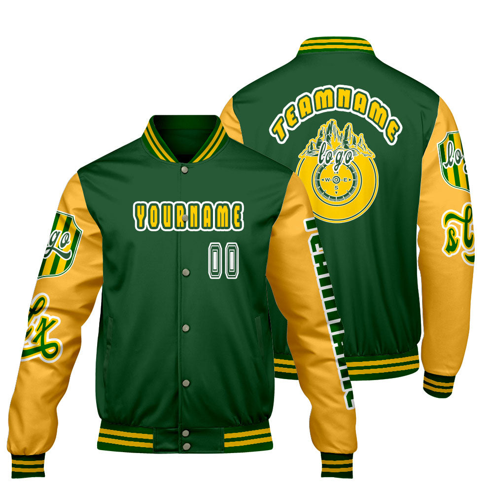 Custom Green Yellow Letterman Varsity Jacket Personalized Embroidery Printing