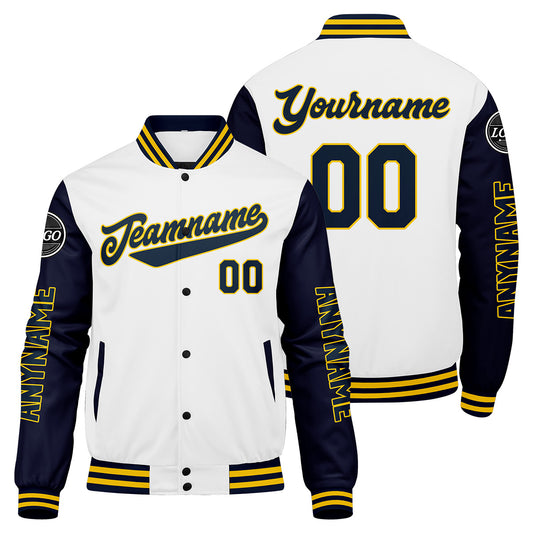 Custom Navy White Yellow Varsity Jackets for Men Women Youth Personalized Letterman Jackets