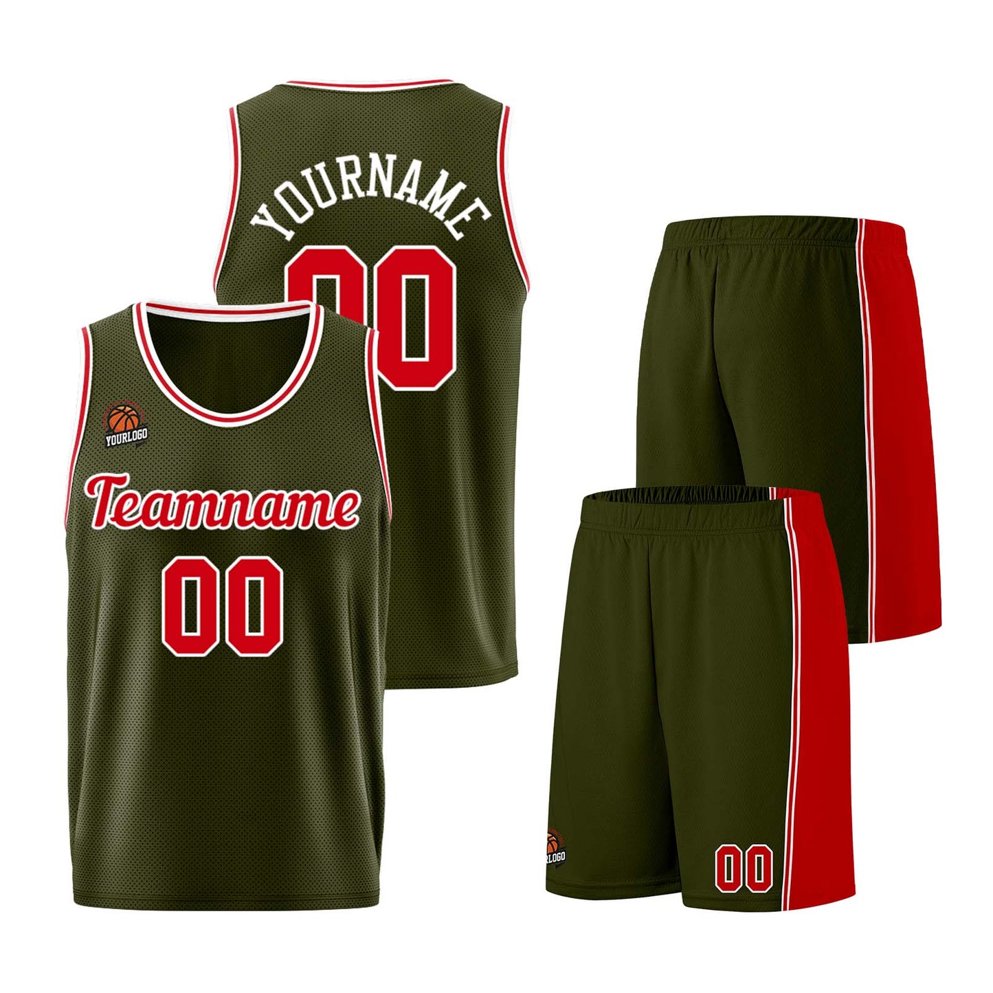 Custom Army Green-Red Basketball Jersey for Men Women Adult Youth Stitched Name Number Logo