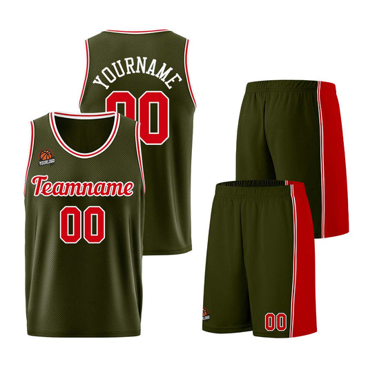 Custom Army Green-Red Basketball Jersey for Men Women Adult Youth Stitched Name Number Logo