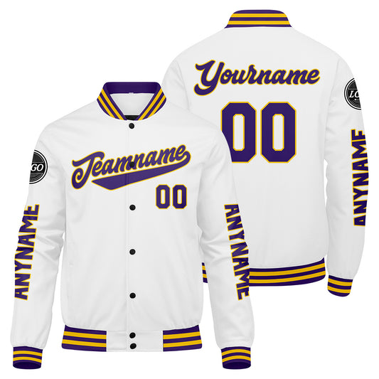 Custom Purple White Yellow Varsity Jackets for Men Women Youth Personalized Letterman Jackets