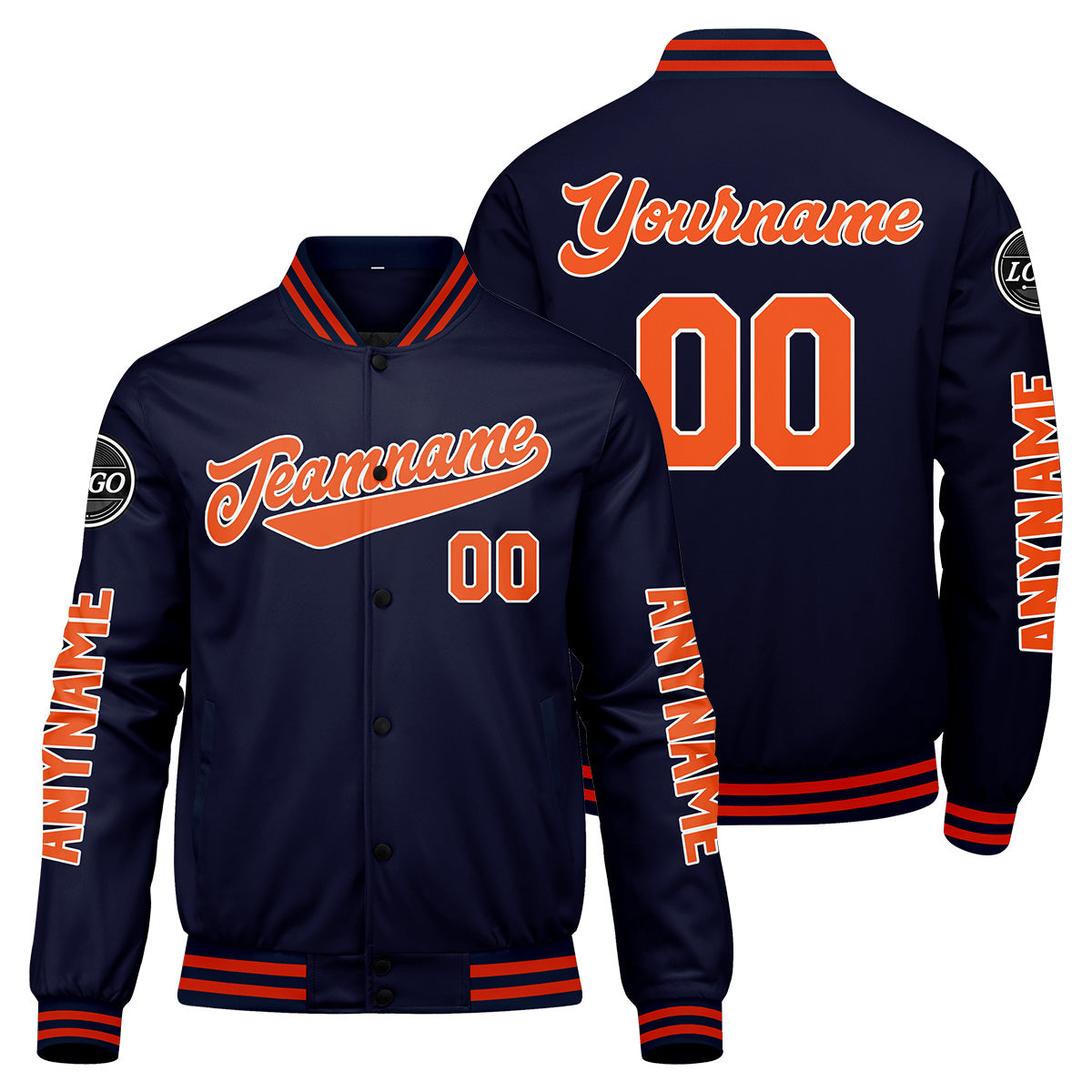 Custom Navy Orange Varsity Jackets for Men Women Youth Personalized Letterman Jackets