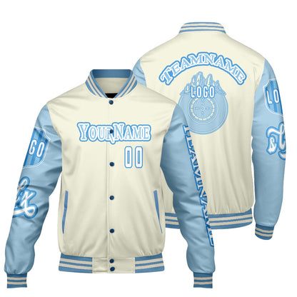 Custom White Blue Letterman Varsity Jacket Personalized Embroidery Printing