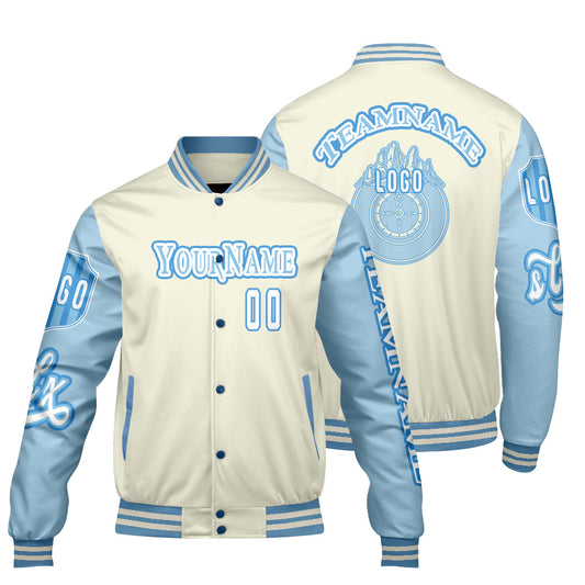 Custom White Blue Letterman Varsity Jacket Personalized Embroidery Printing