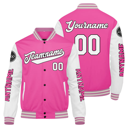 Custom Pink White Varsity Jackets for Men Women Youth Personalized Letterman Jackets