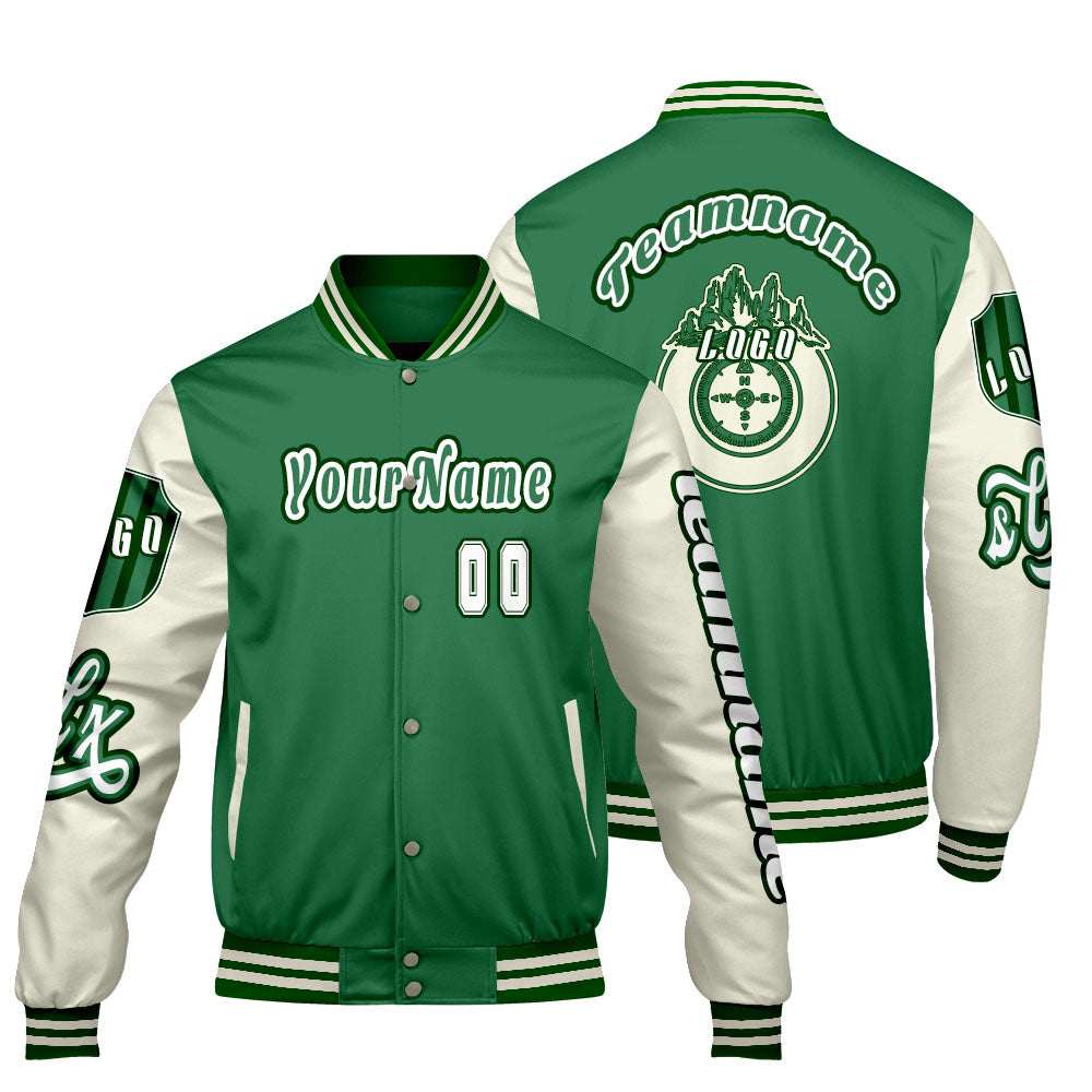 Custom Green White Letterman Varsity Jacket Personalized Embroidery Printing